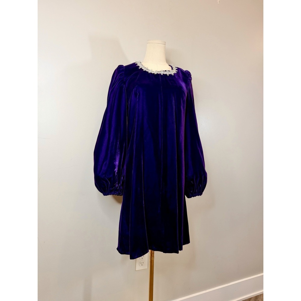 Vintage 1960s Purple Velvet Renaissance Revival Mini Dress Mod Gogo Medieval - Picture 2 of 15
